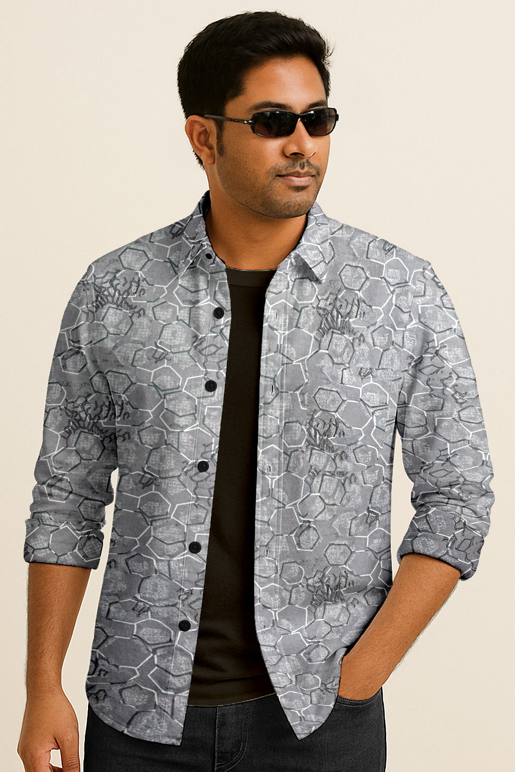 Geometric Honeycomb Pattern Long Sleeve Shirt – Lightweight Button Down Shirt