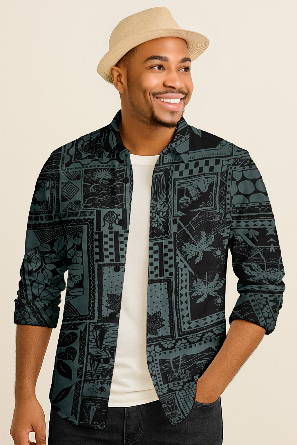 Boho Island Print Long Sleeve Shirt – Cotton Blend Button Down Casual Wear