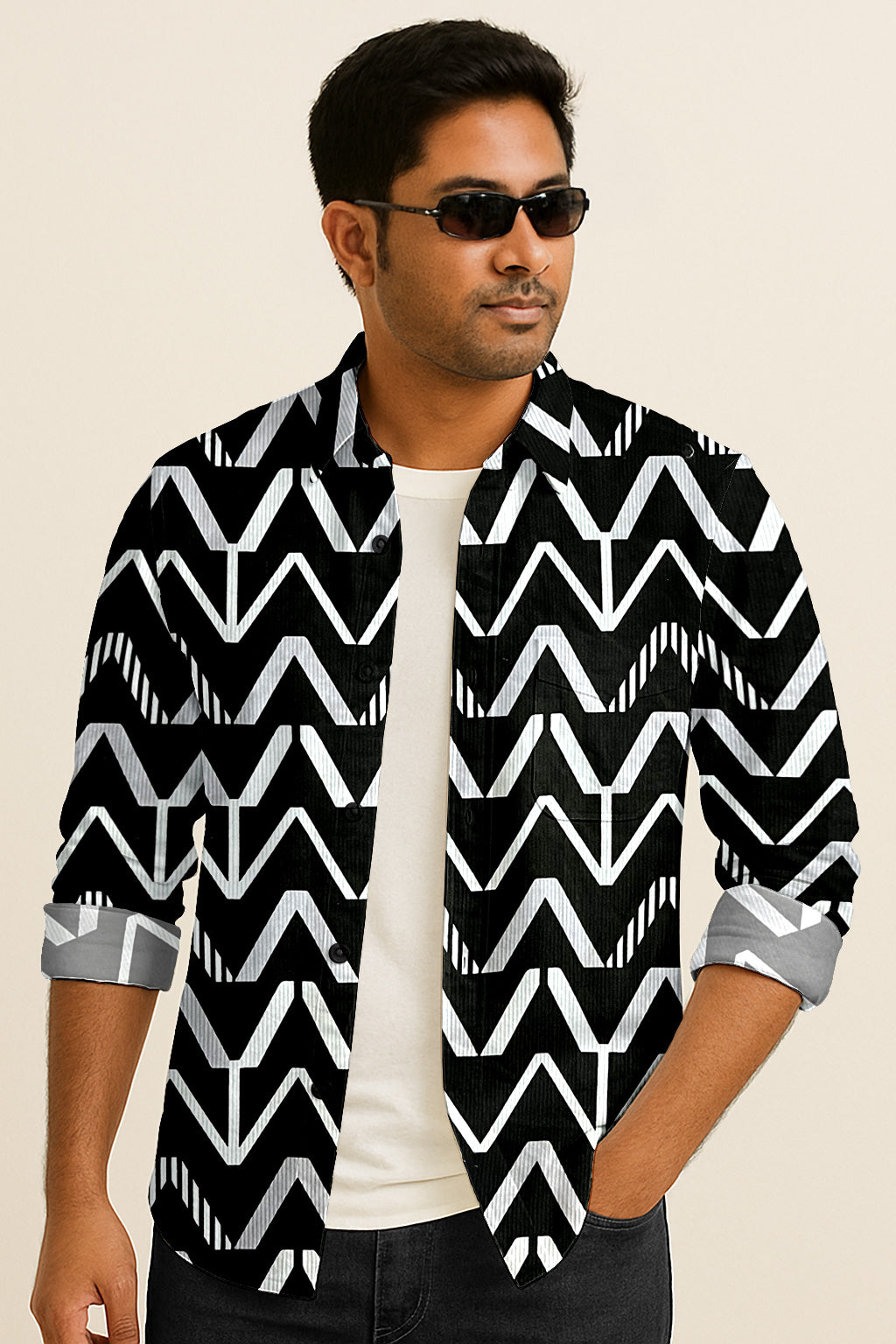 Geometric Printed Casual Button Down Shirt – Long Sleeve Cotton Summer Beachwear with Pocket