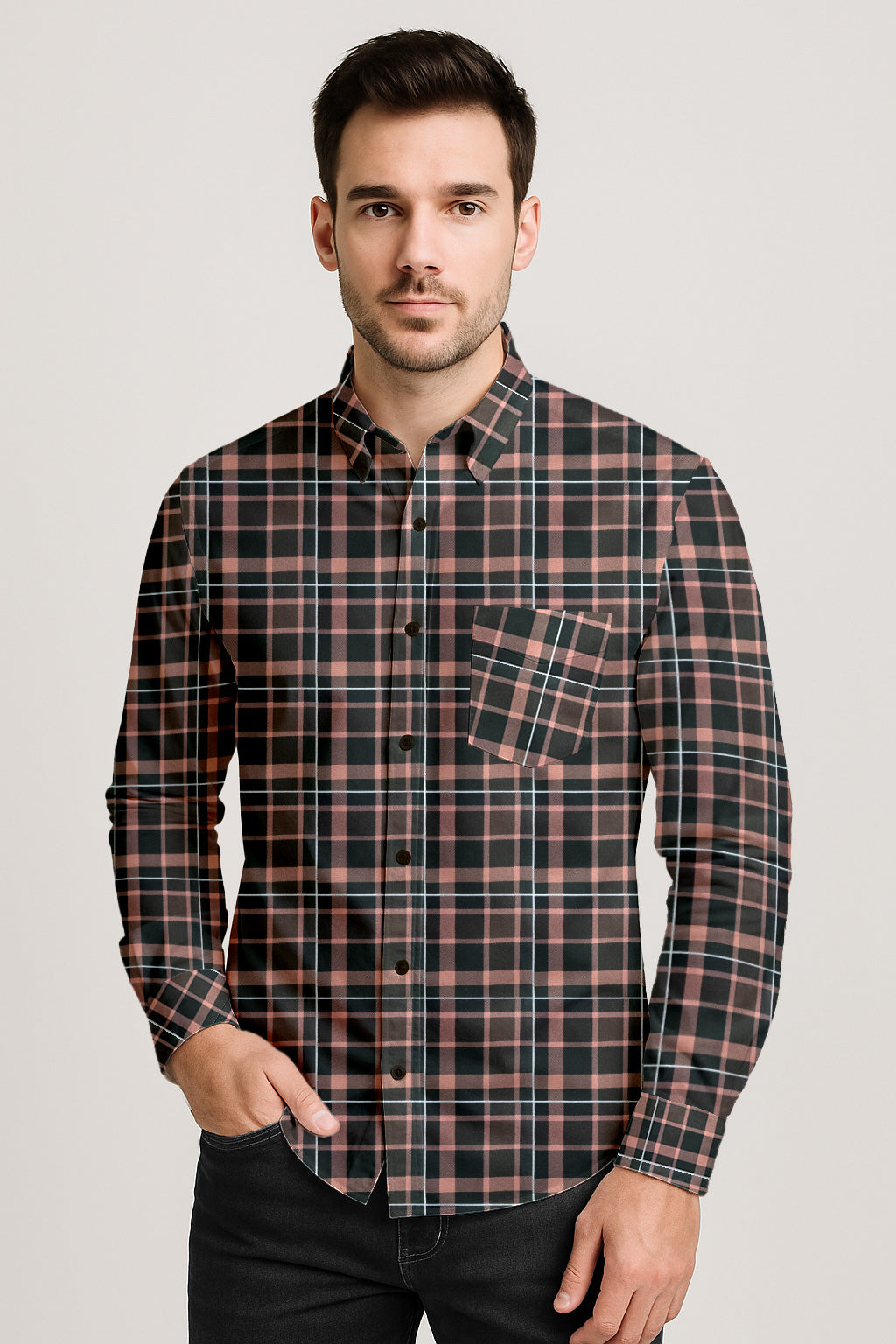 Long Sleeve Plaid Cotton Shirt – Button Down Checkered Casual Dress Shirt