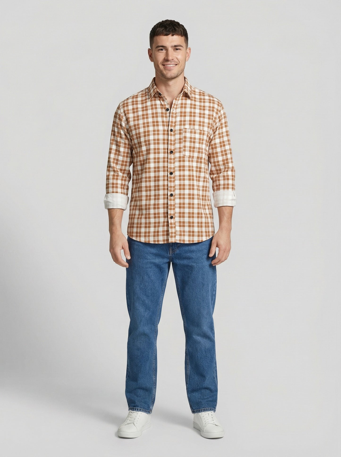 Men's Orange and White Gingham Checkered Button-Down Shirt