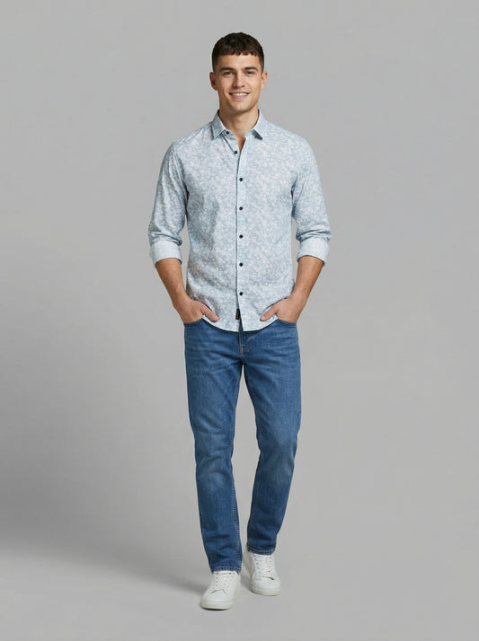 Men's Light Blue Subtle Floral Print Long Sleeve Button-Down Shirt