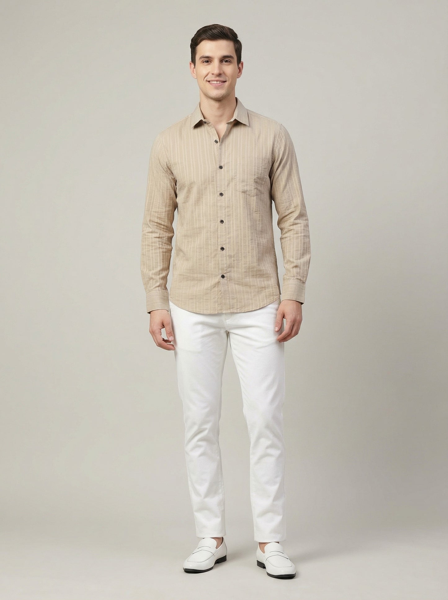 Men's Soft Crem Casual Long Sleeve Striped Button-Down Shirt