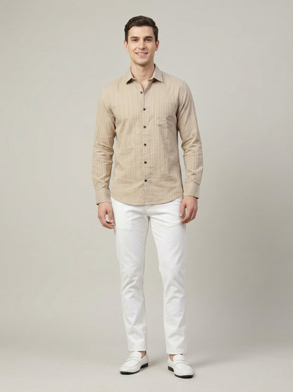 Men's Soft Crem Casual Long Sleeve Striped Button-Down Shirt