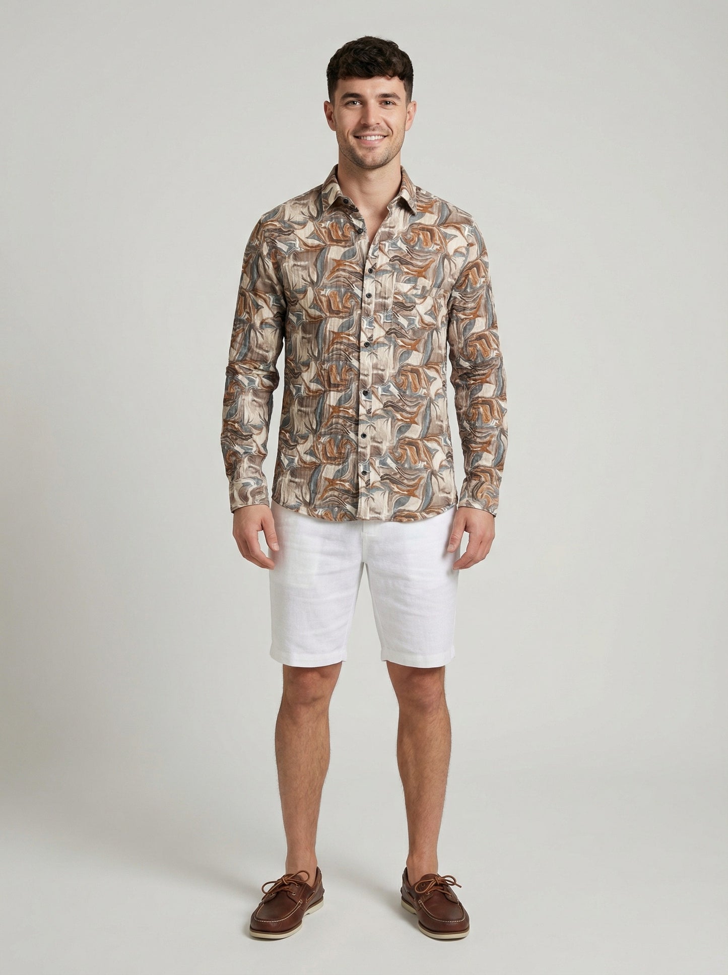 Vintage-Inspired Men's Earth Tone Marble Print Button-Down Shirt