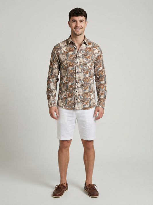 Vintage-Inspired Men's Earth Tone Marble Print Button-Down Shirt