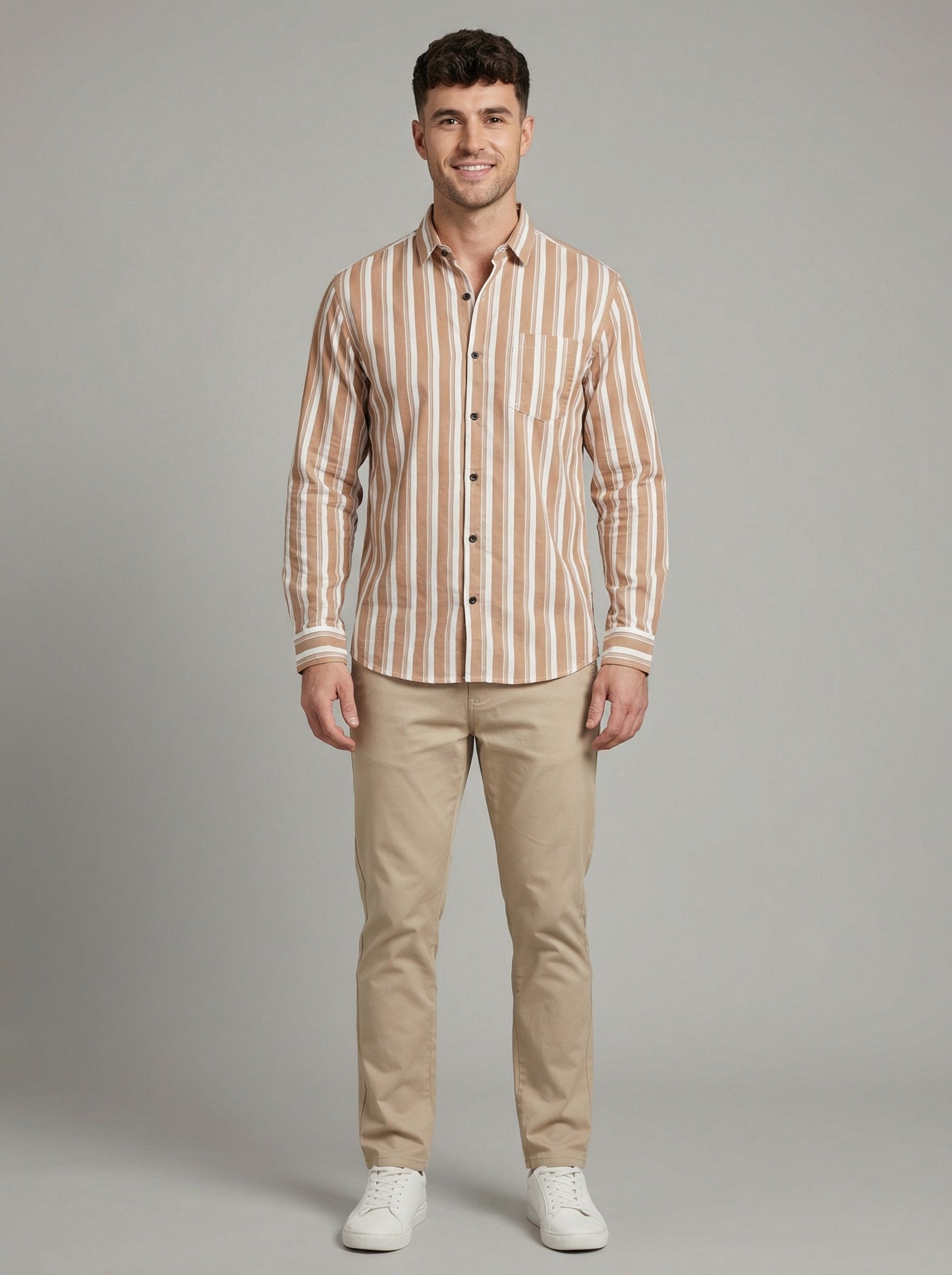 Men's Casual Brown and White Horizontal Striped Long Sleeve Button-Down Shirt