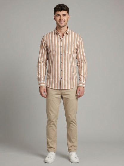 Men's Casual Brown and White Horizontal Striped Long Sleeve Button-Down Shirt