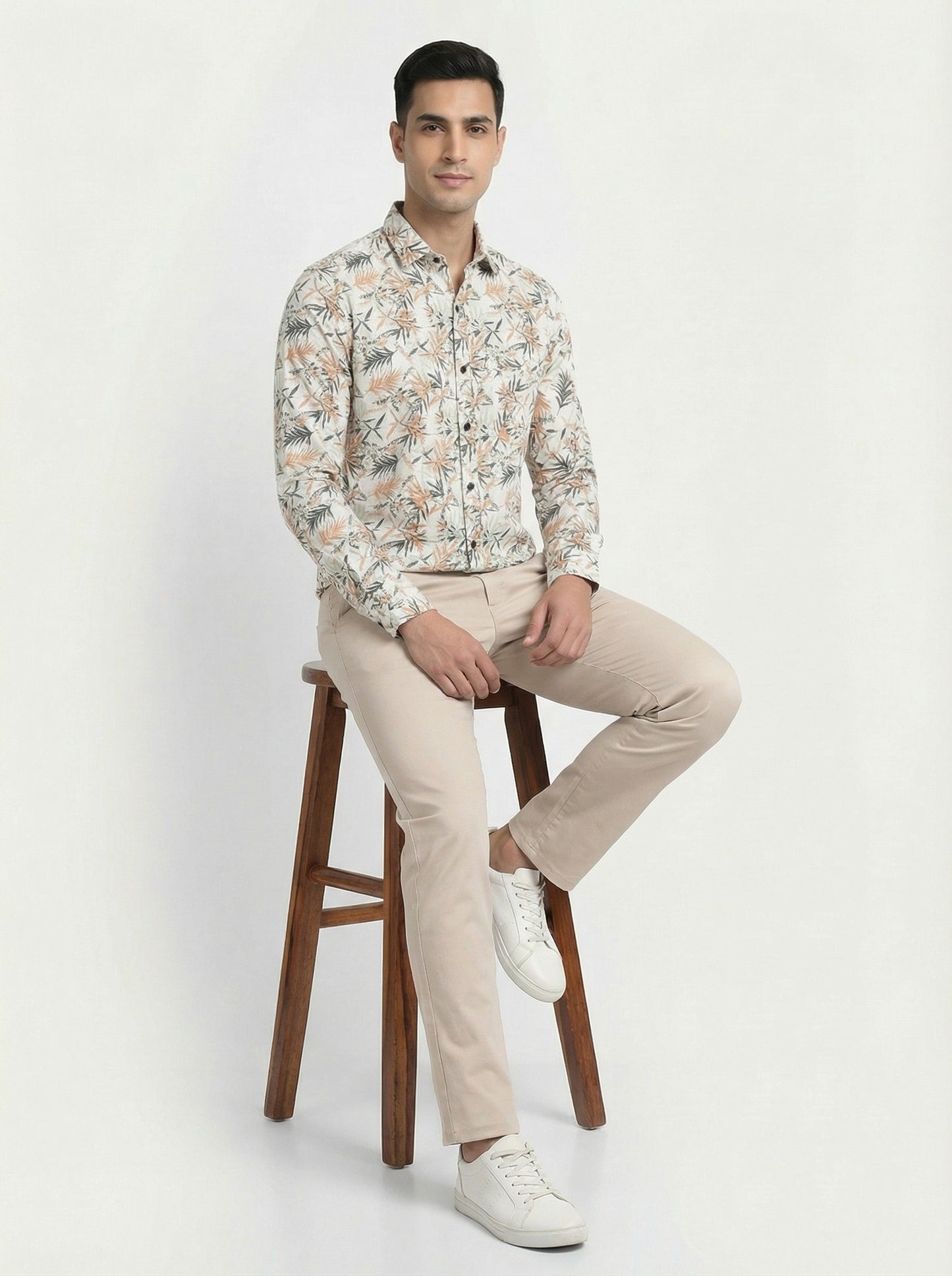 Men's Tropical Palm Orange Leaf Print Long Sleeve Button-Down Casual Shirt - Summer Vacation Style
