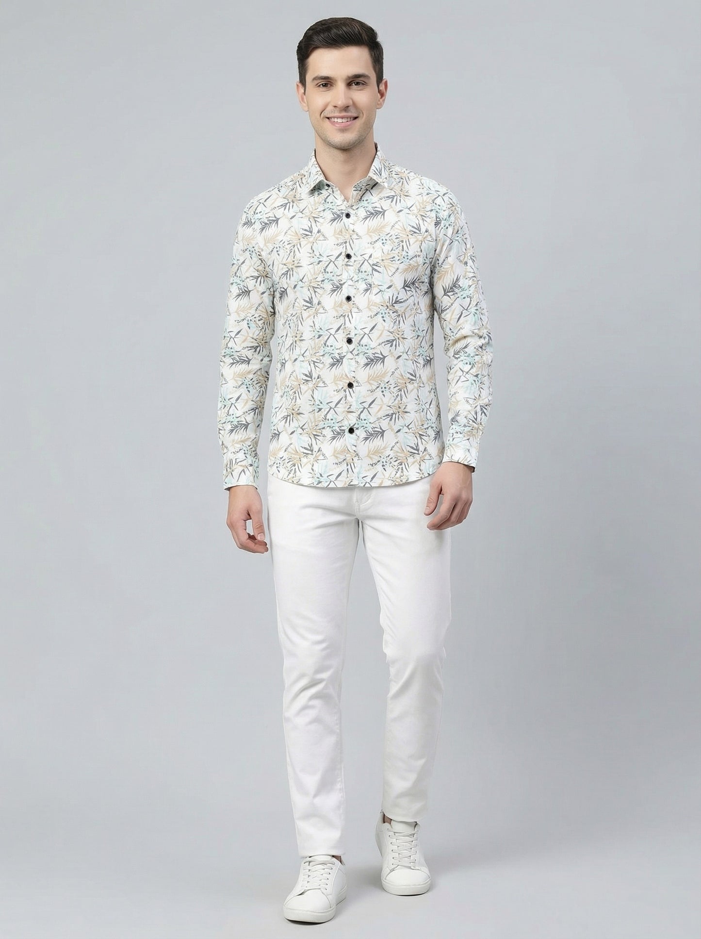 Men's Tropical Bamboo Leaf Print Button-Down Shirt - White & Tan Long Sleeve Casual Summer Shirt