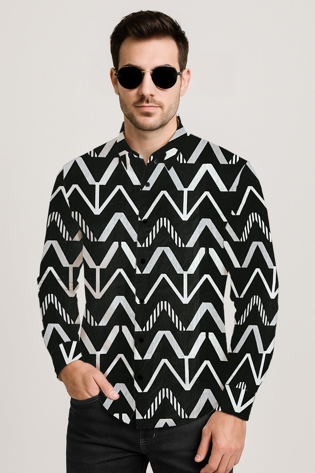 Geometric Printed Casual Button Down Shirt – Long Sleeve Cotton Summer Beachwear with Pocket