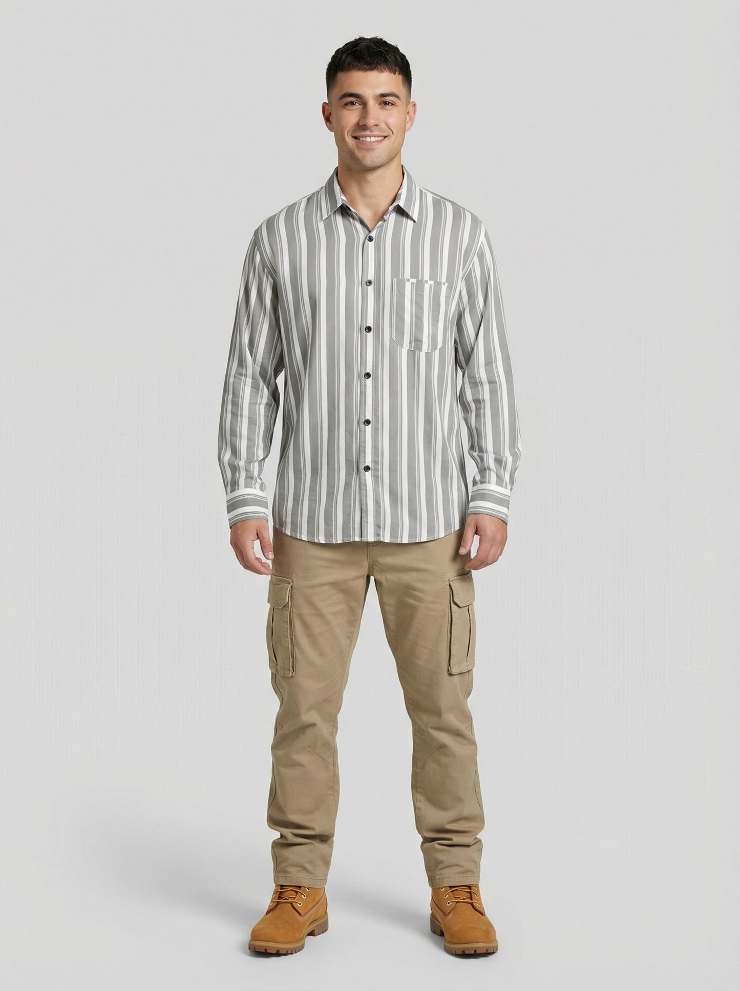 Men's Grey and White Striped Long Sleeve Button-Down Shirt