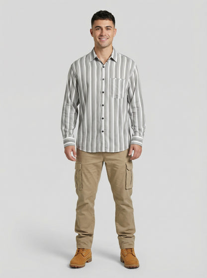 Men's Grey and White Striped Long Sleeve Button-Down Shirt