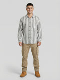 Men's Grey and White Striped Long Sleeve Button-Down Shirt