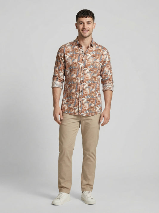 Abstract Marble Print Crinkle-Textured Button-Down Shirt