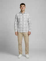 The Showfine Men's Grey and White Plaid Long-Sleeve Button-Down Shirt