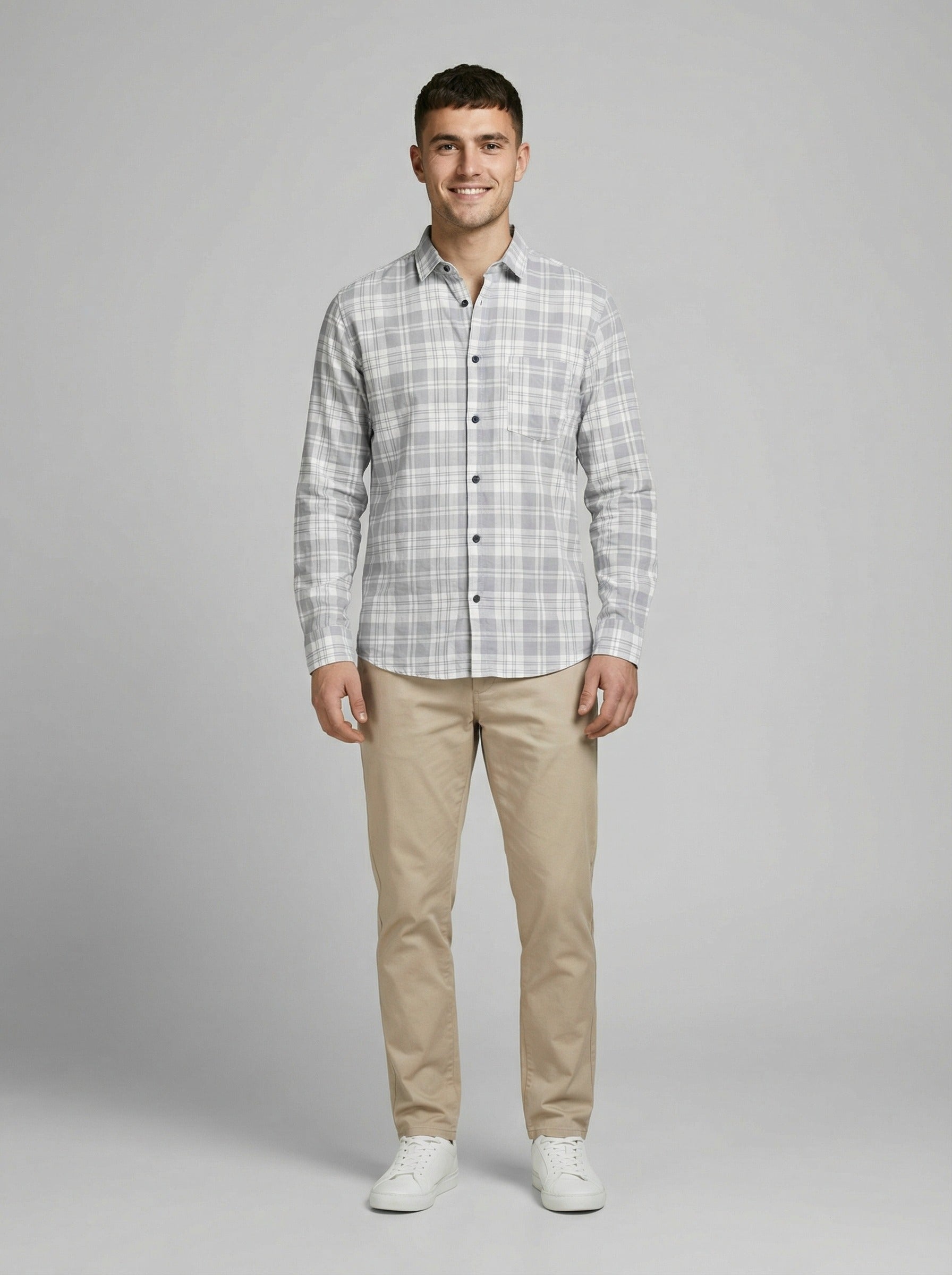 The Showfine Men's Grey and White Plaid Long-Sleeve Button-Down Shirt