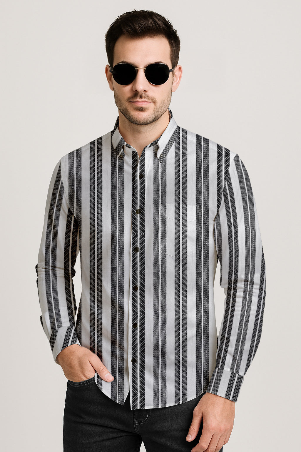 Vertical Striped Long Sleeve Button Down Shirt – Lightweight Cotton Casual Dress Shirt