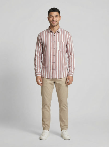 Men's Casual Striped Button-Down Short Sleeve Shirt - Mauve & White