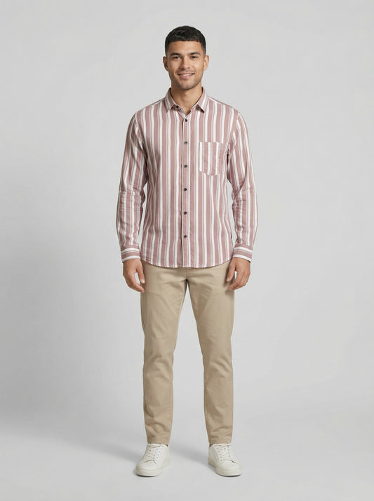 Men's Casual Striped Button-Down Short Sleeve Shirt - Mauve & White