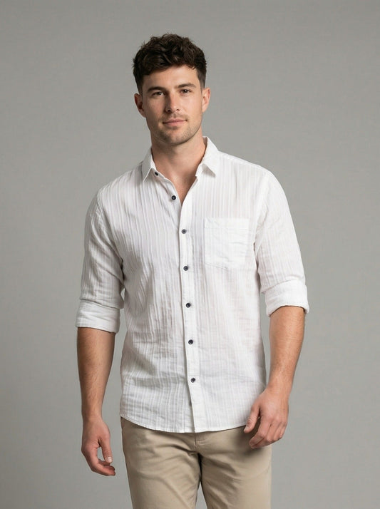 Men's White Textured Long Sleeve Button Down Casual Shirt