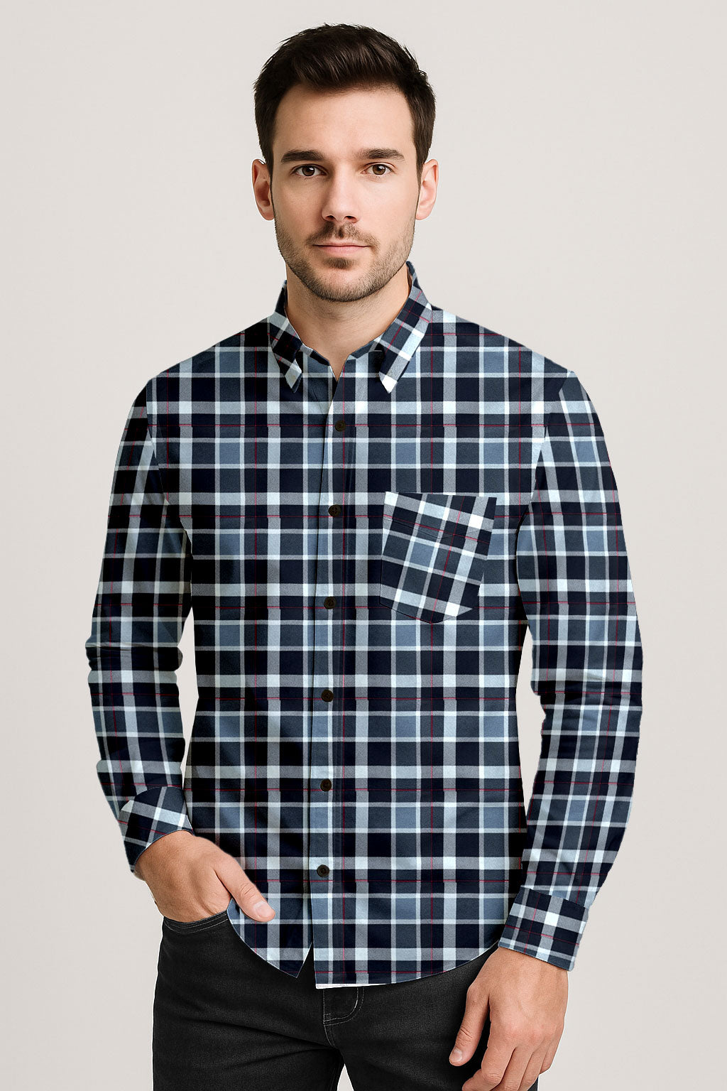 Long Sleeve Plaid Cotton Shirt – Button Down Checkered Casual Dress Shirt