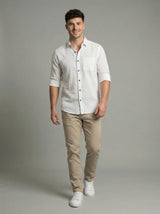 Men's White Textured Long Sleeve Button Down Casual Shirt