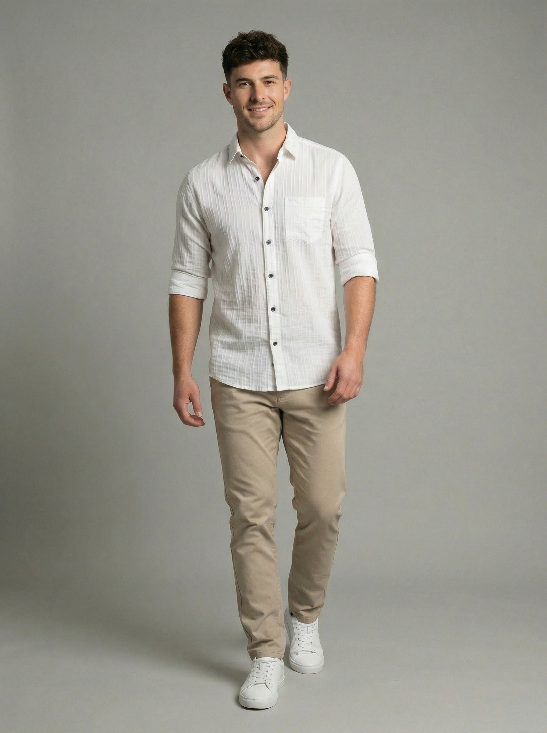 Men's White Textured Long Sleeve Button Down Casual Shirt
