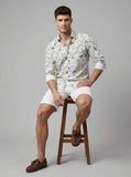 Men's Tropical Bamboo Leaf Print Button-Down Shirt - White & Tan Long Sleeve Casual Summer Shirt