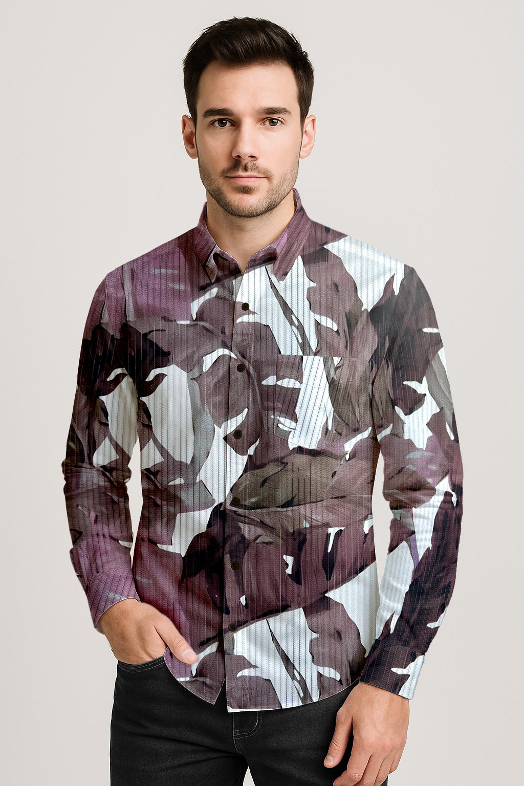 Men’s Long Sleeve Button Down Shirt – Tropical Leaf Print Cotton Shirt, Casual Summer Dress Shirt