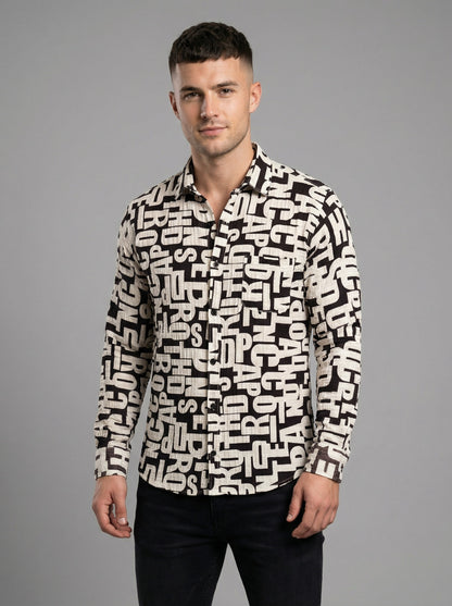 Men's Monochrome Typography Print Long Sleeve Button-Down Shirt