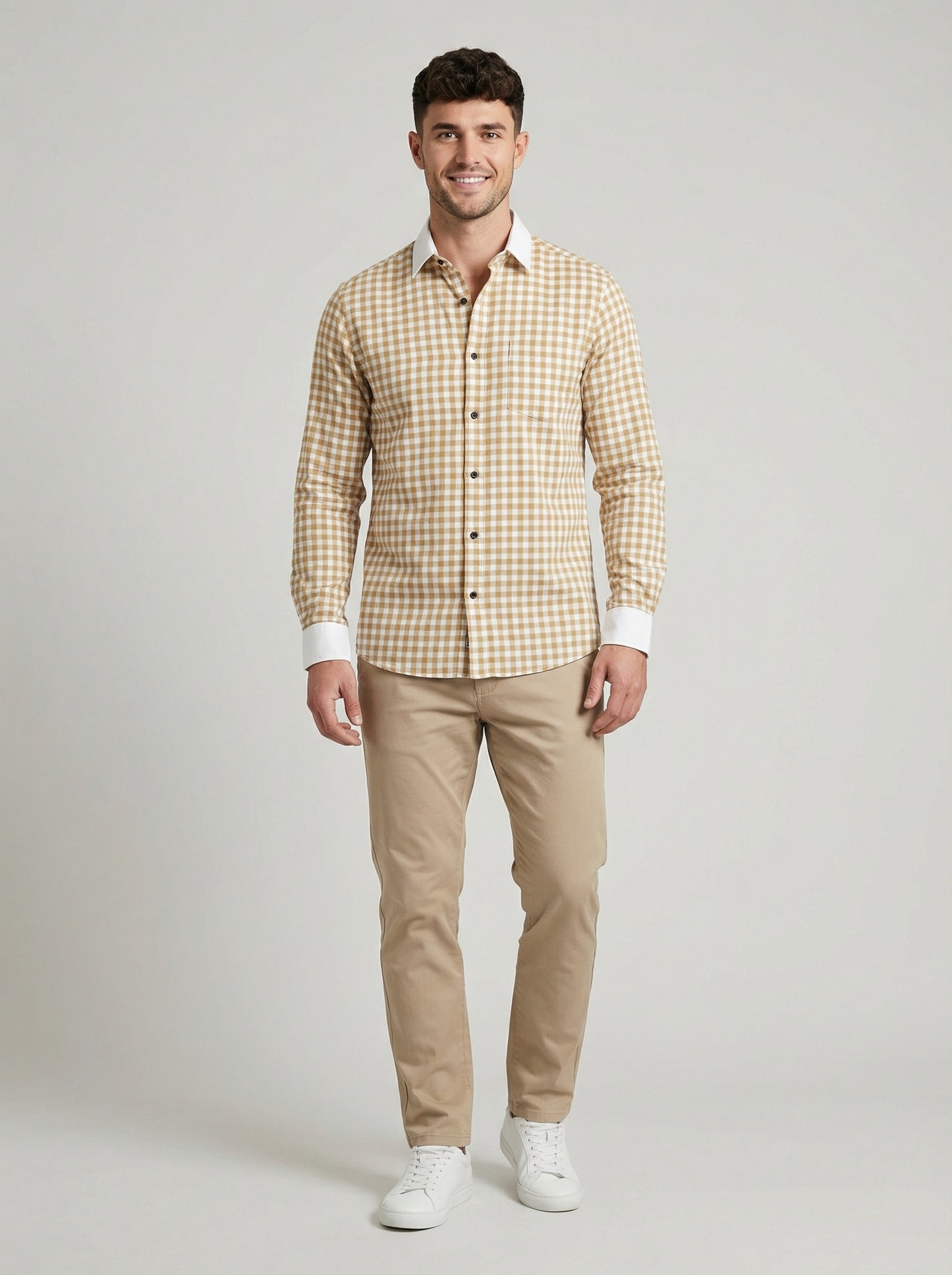 Men's Mustard Yellow Gingham Check Button-Down Shirt with Contrast Cuffs