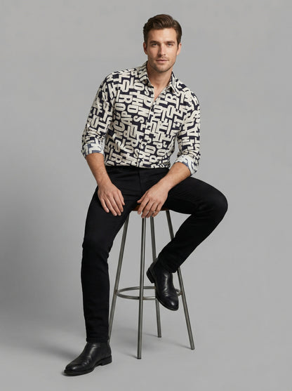 Men's Alphabet Graphic Print Long-Sleeve Button-Down Shirt