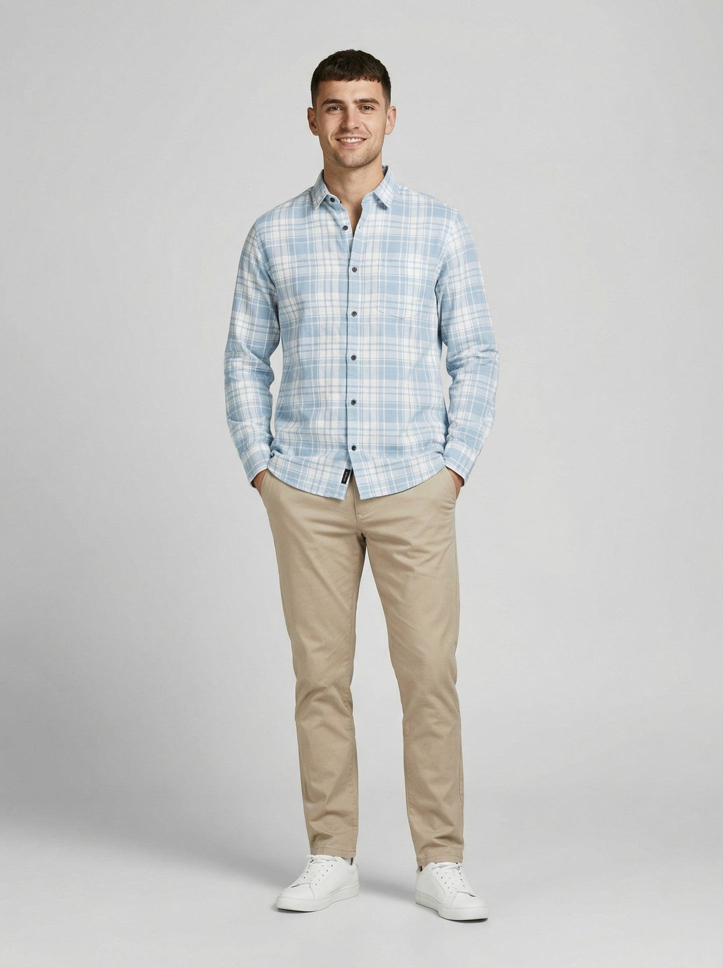 Men's Light Blue and White Plaid Button-Down Casual Shirt