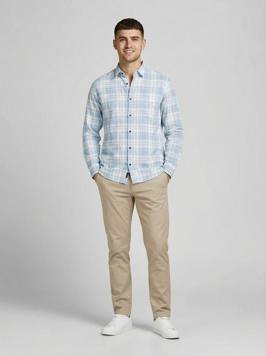 Men's Light Blue and White Plaid Button-Down Casual Shirt