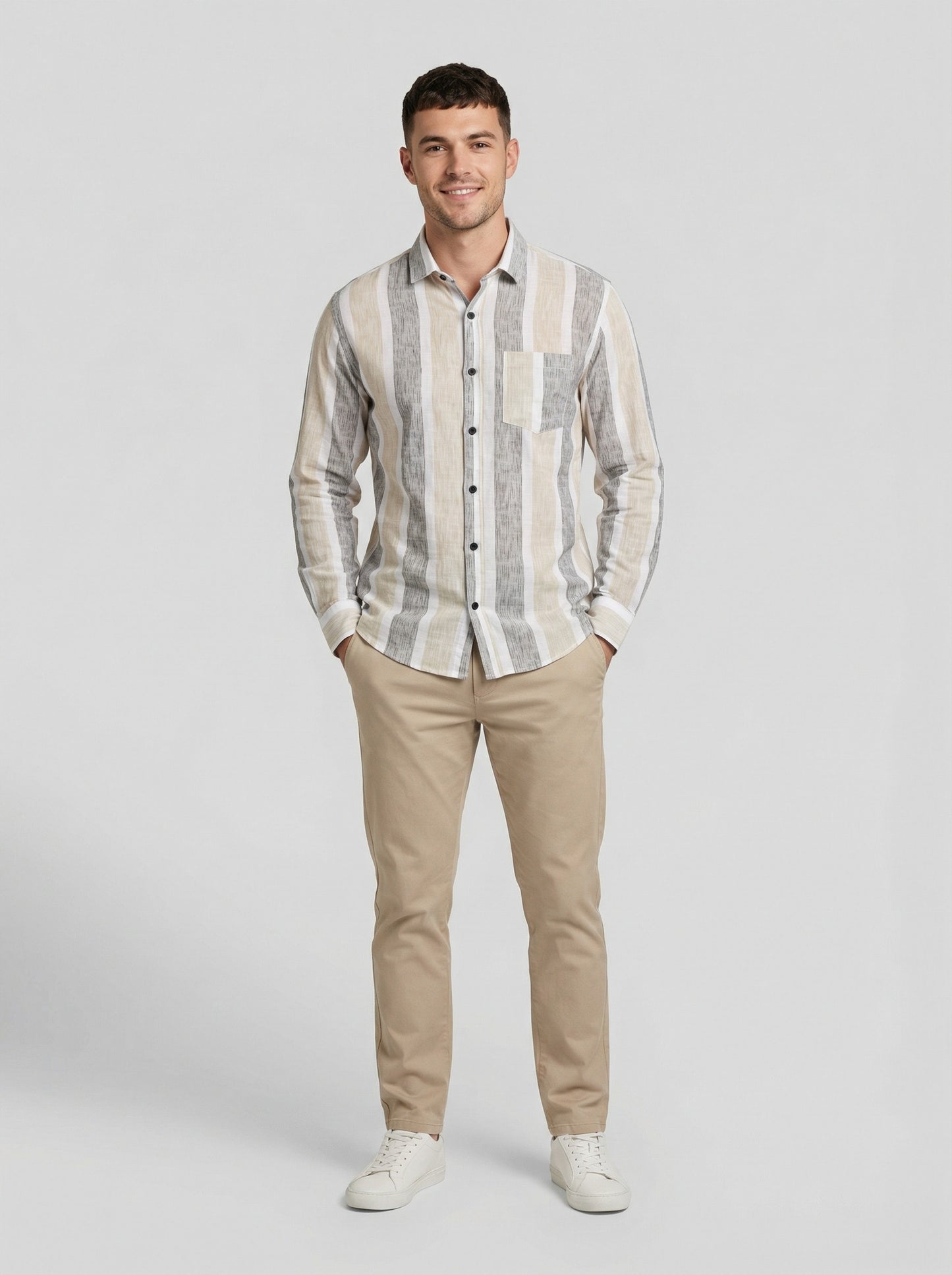 Men's Textured Horizontal Stripe Button-Down Shirt - Grey & Beige