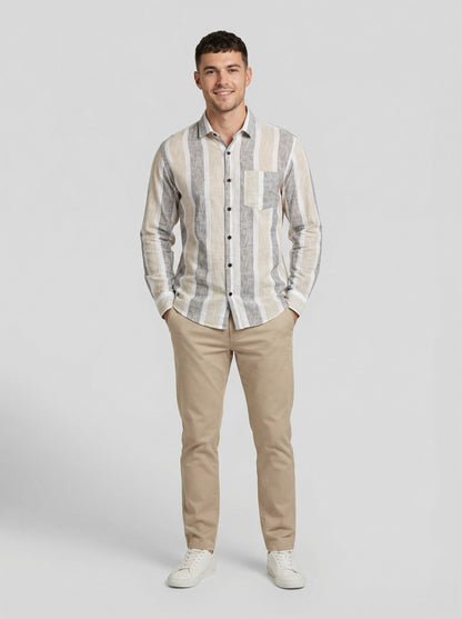 Men's Textured Horizontal Stripe Button-Down Shirt - Grey & Beige