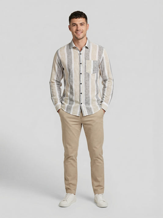 Men's Textured Horizontal Stripe Button-Down Shirt - Grey & Beige