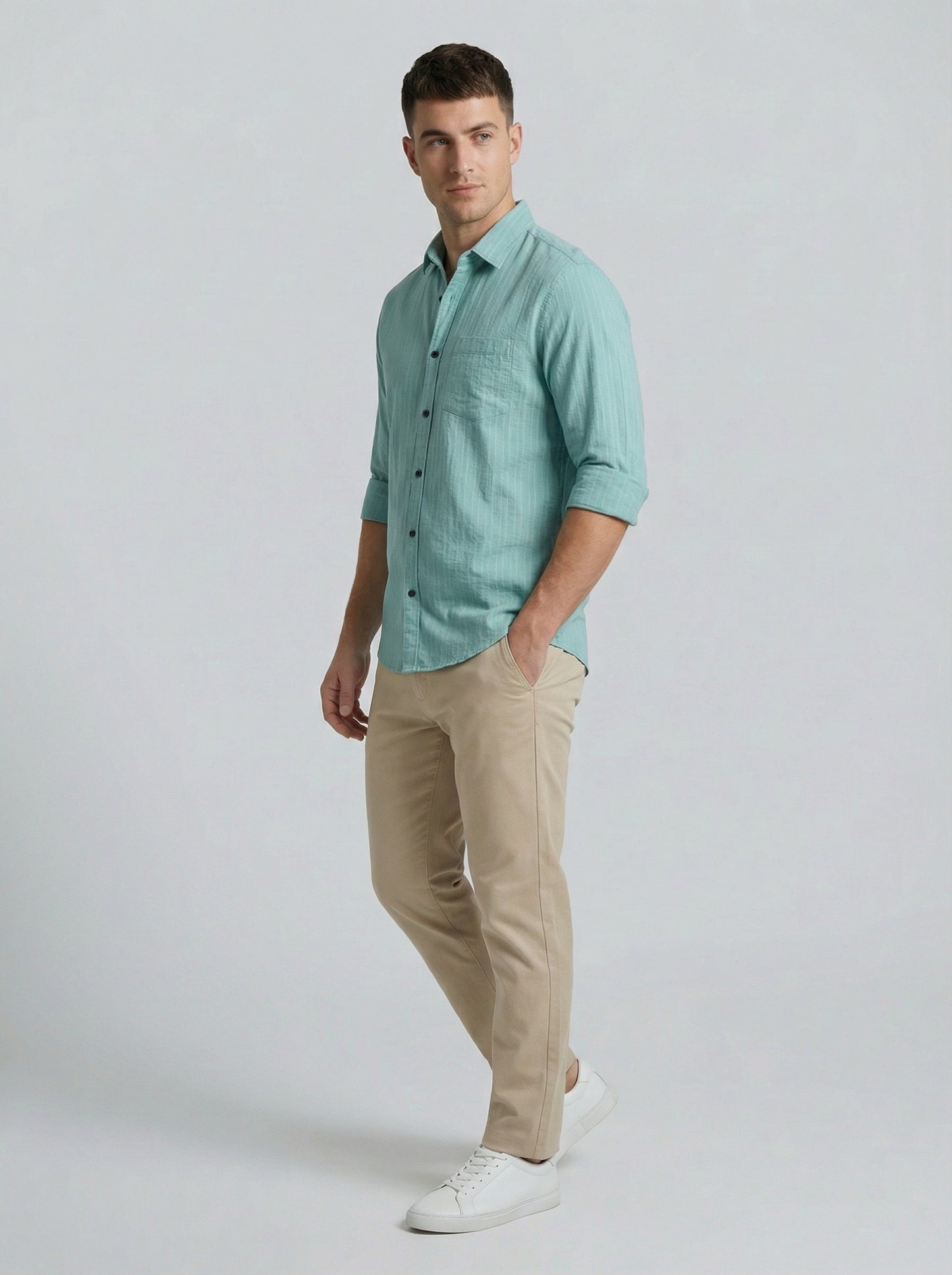 Men's Sky Blue Textured Cotton-Blend Casual Button-Down Shirt