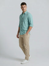 Men's Sky Blue Textured Cotton-Blend Casual Button-Down Shirt