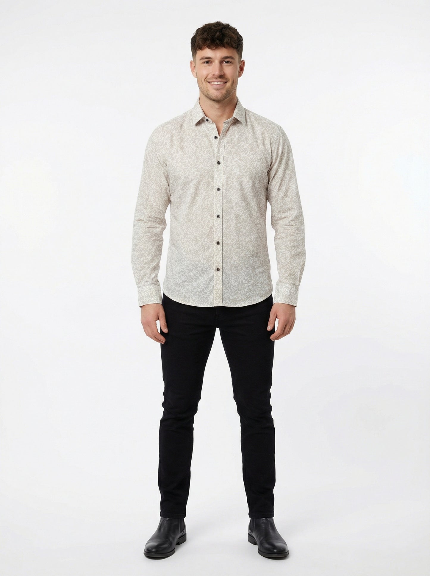 Men's Elegant Cream Leaf Print Long Sleeve Button-Down Shirt