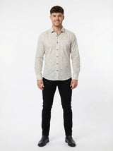 Men's Elegant Cream Leaf Print Long Sleeve Button-Down Shirt