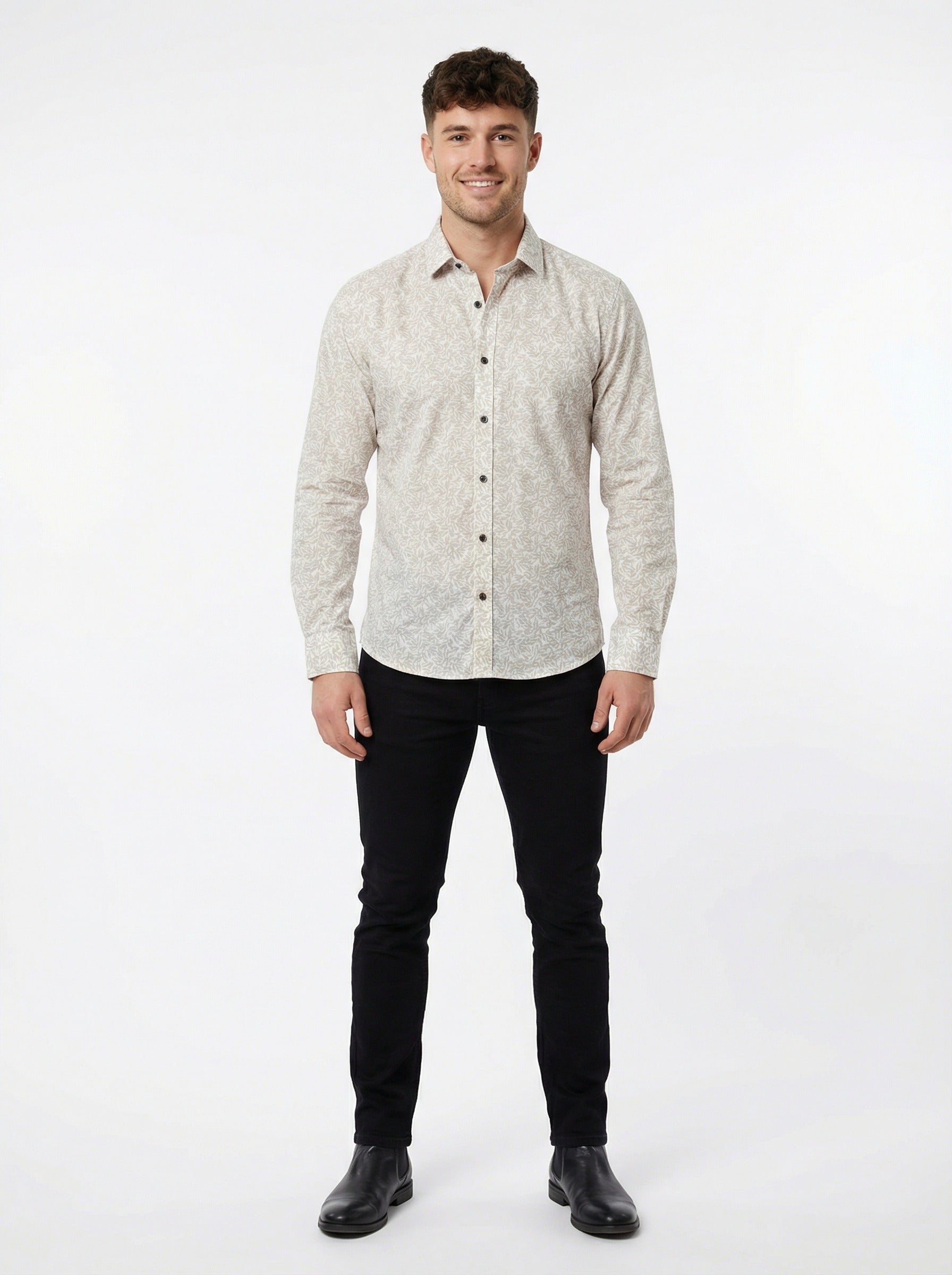 Men's Elegant Cream Leaf Print Long Sleeve Button-Down Shirt