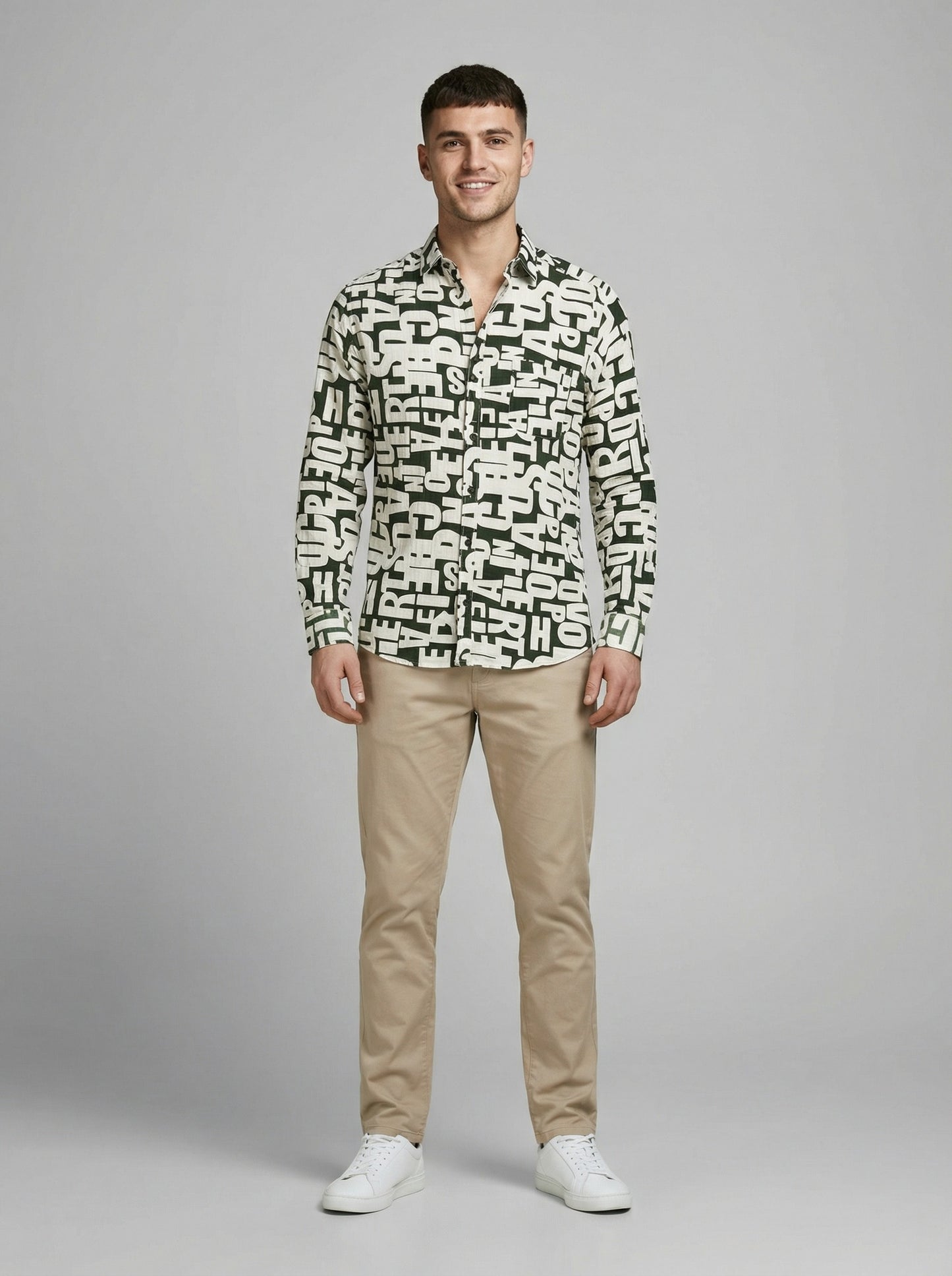 Men's Abstract Typographic Letter Print Long Sleeve Button-Down Shirt