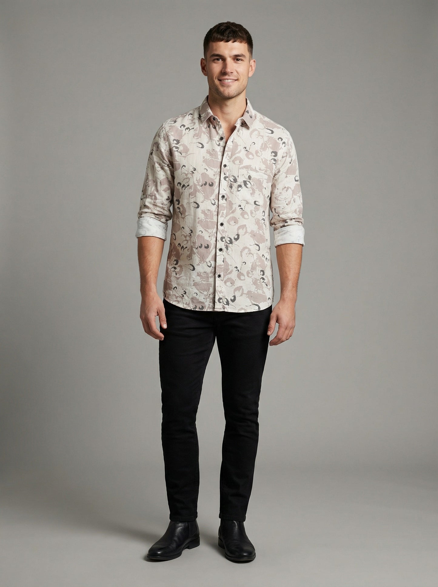 The Showfine Men's Abstract Floral Print Button-Down Shirt - Breathable Linen Blend