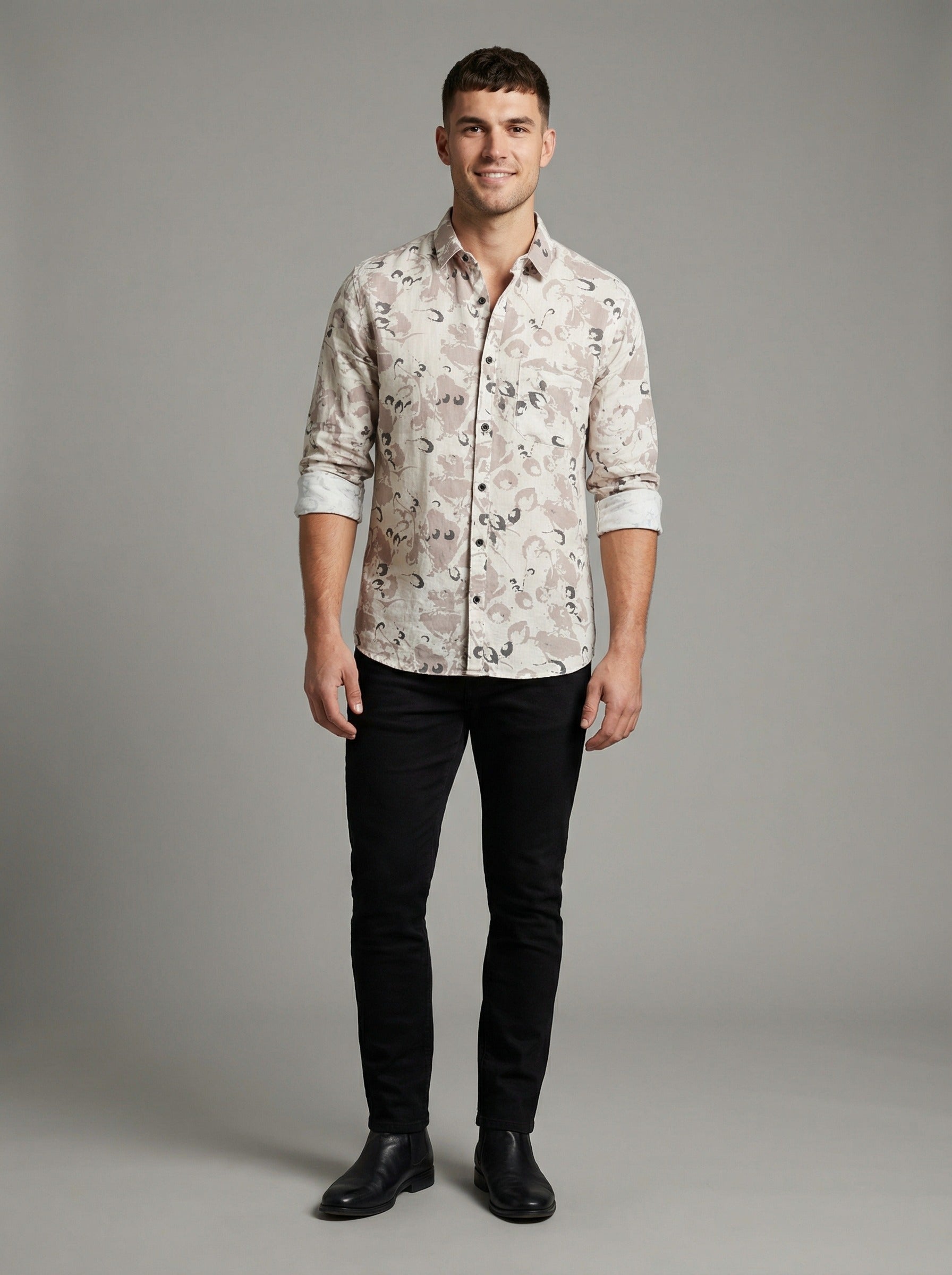 The Showfine Men's Abstract Floral Print Button-Down Shirt - Breathable Linen Blend