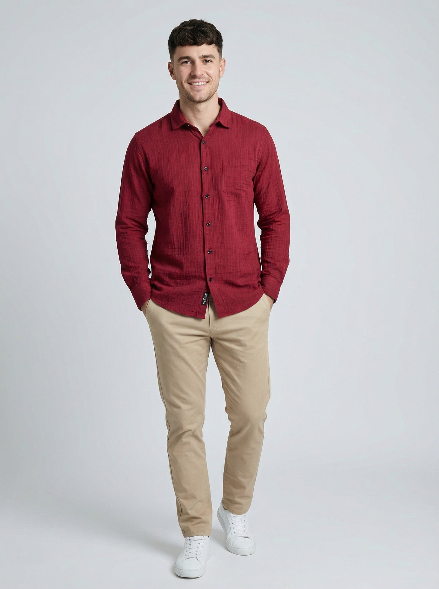 Men's Wine Red Textured Double Gauze Long Sleeve Button-Down Shirt