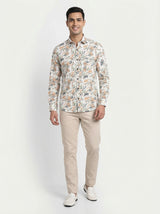 Men's Tropical Palm Orange Leaf Print Long Sleeve Button-Down Casual Shirt - Summer Vacation Style