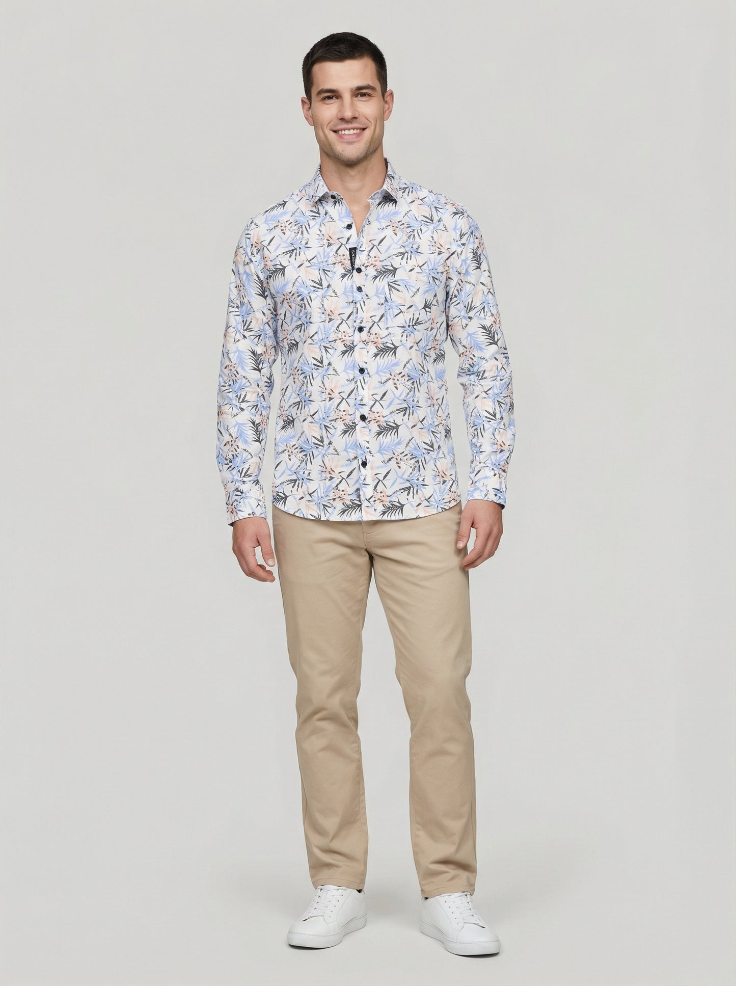 Men's Tropical Palm Blue Leaf Print Long Sleeve Button-Down Casual Shirt - Summer Vacation Style