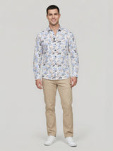 Men's Tropical Palm Blue Leaf Print Long Sleeve Button-Down Casual Shirt - Summer Vacation Style